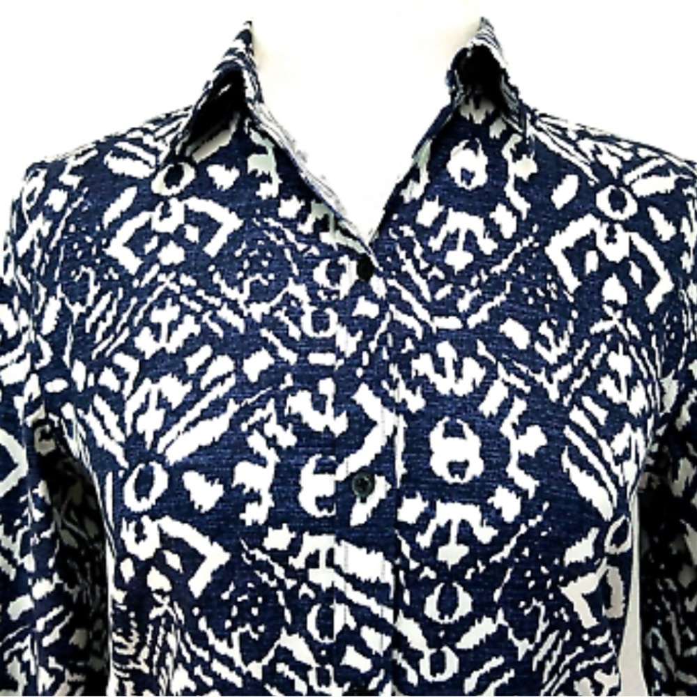 Lauren Ralph Lauren No-Iron Button Down Blouse Blue Ikat Print Sz XXS - Picture 2 of 13